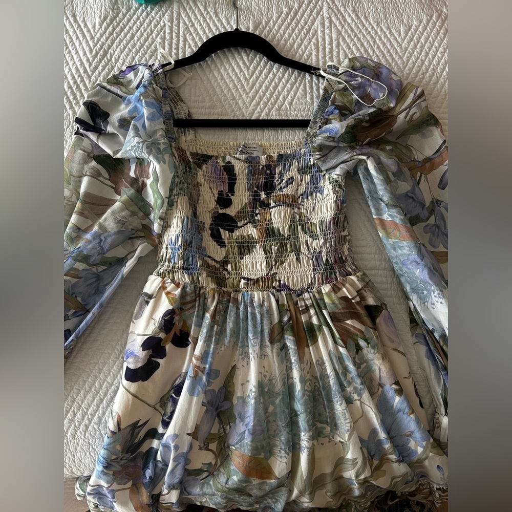 & Other Stories floral long sleeved dress with ruched bodice (Size 2)